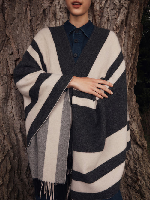 Striped Wool Blend Cape | Grey