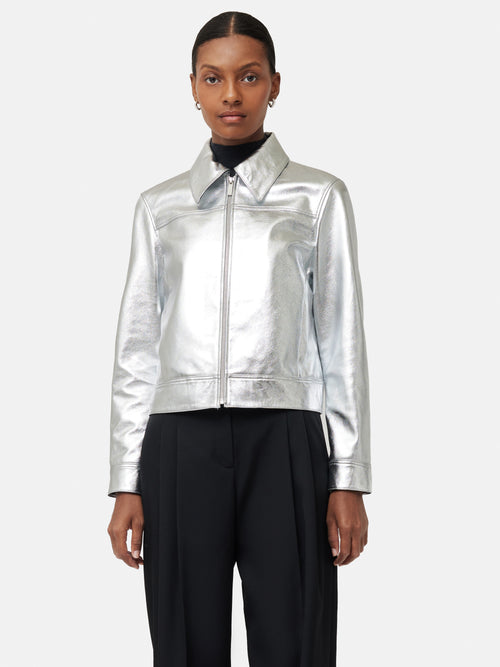 Zip Front Leather Biker Jacket | Silver