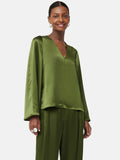 Satin Drape Fluted Sleeve Top | Green