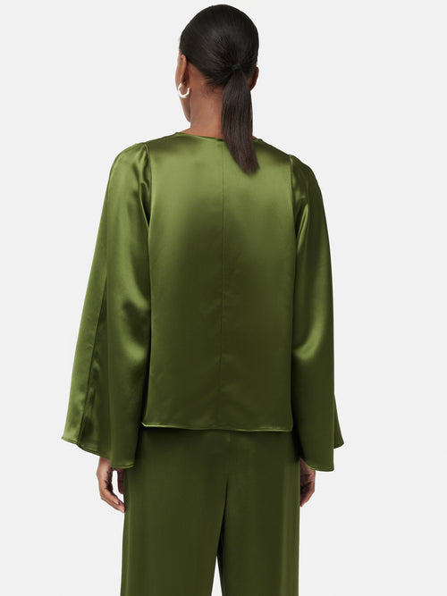 Satin Drape Fluted Sleeve Top | Green