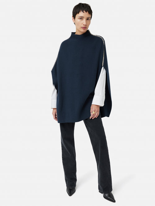 Blanket Stitch Poncho | Navy