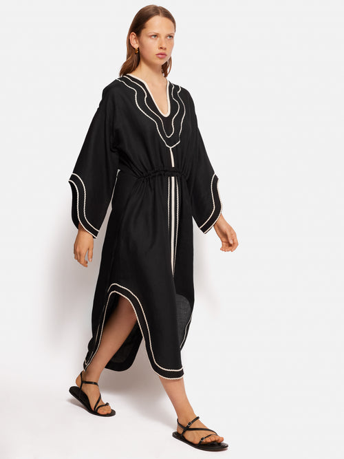 Linen Blend Embroidery Kaftan | Black