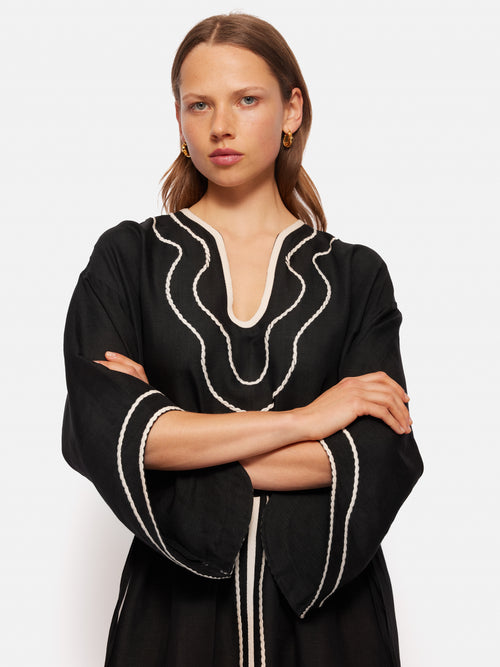 Linen Blend Embroidery Kaftan | Black