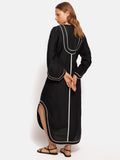 Linen Blend Embroidery Kaftan | Black