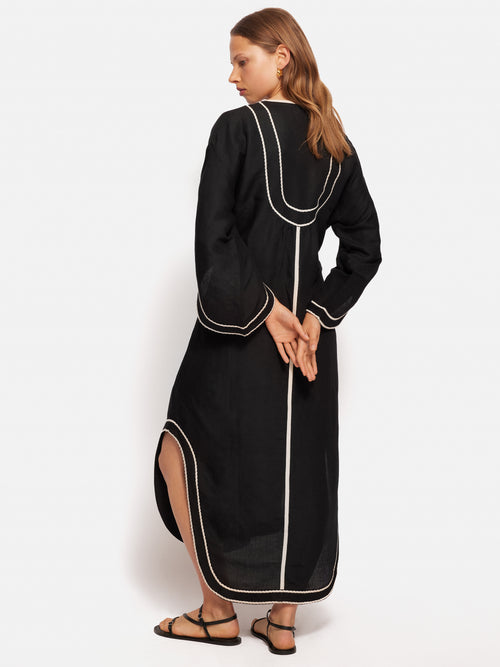 Linen Blend Embroidery Kaftan | Black