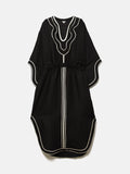 Linen Blend Embroidery Kaftan | Black