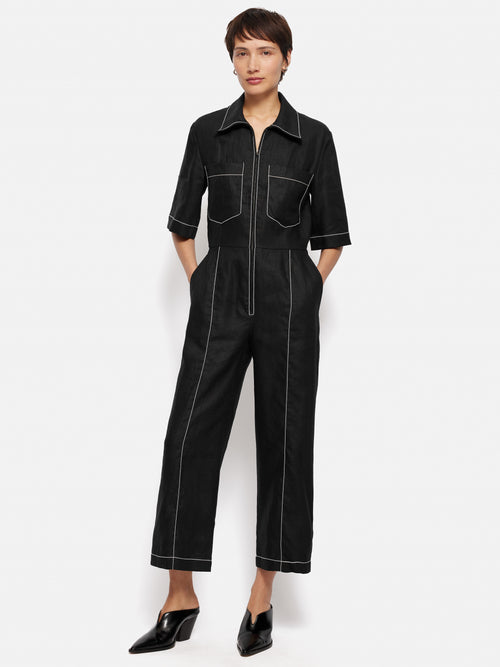 Linen Contrast Stitch Jumpsuit | Black