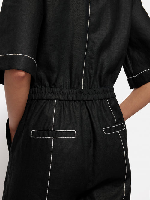 Linen Contrast Stitch Jumpsuit | Black