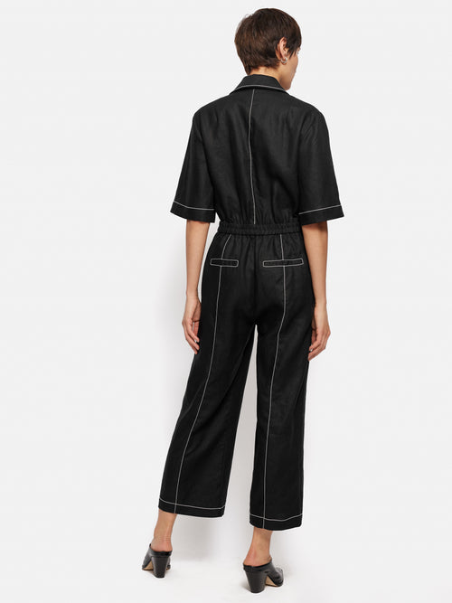 Linen Contrast Stitch Jumpsuit | Black