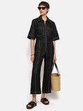 Linen Contrast Stitch Jumpsuit | Black