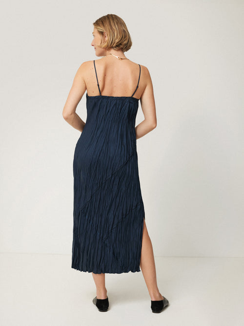 Satin Drape Plisse Slip Dress | Navy