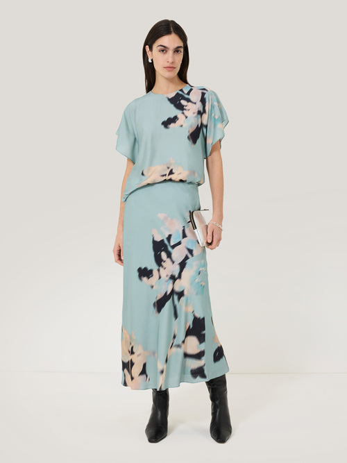 Floral Drift Silk Blend Skirt | Blue