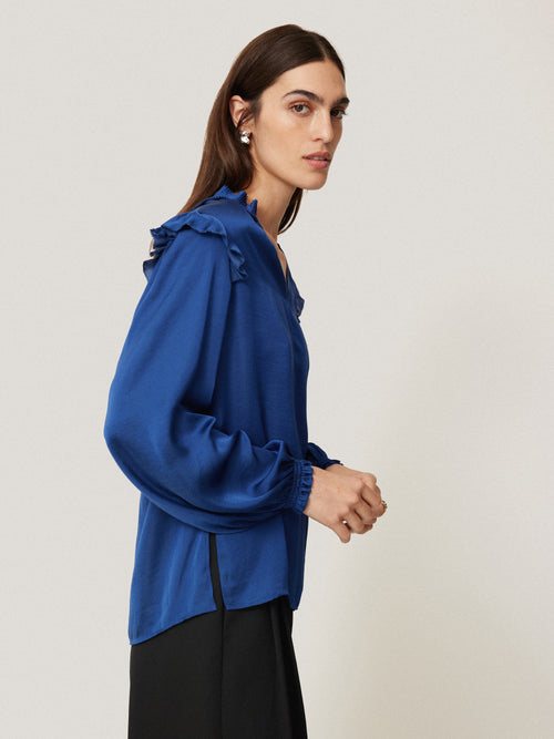 Recycled Satin Ruffle Top | Blue