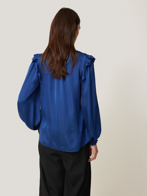 Recycled Satin Ruffle Top | Blue