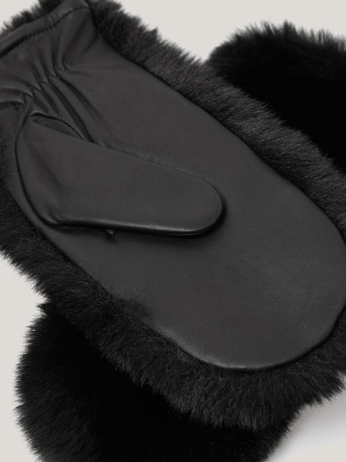 Faux Fur Leather Mitten | Black