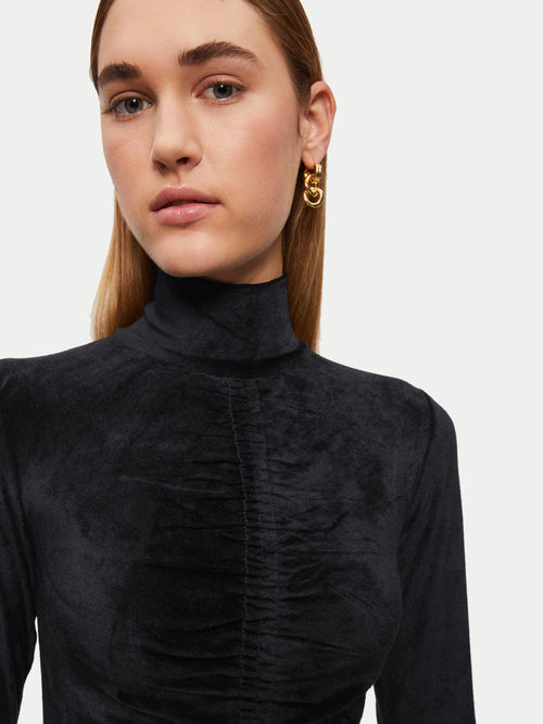 Velvet Jersey Polo Neck Top | Black