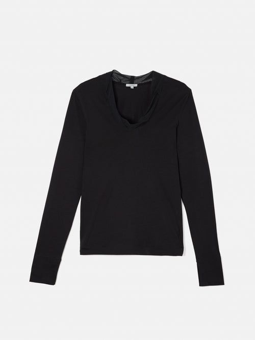 Tulle Trim Long Sleeve Top | Black