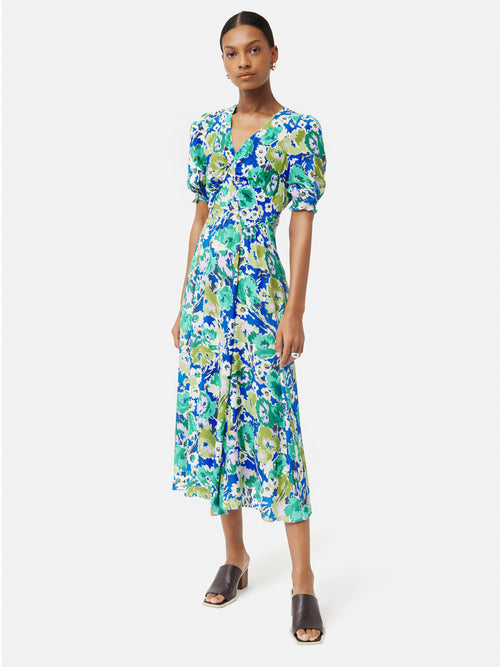 Abstract Meadow Midi Tea Dress | Green