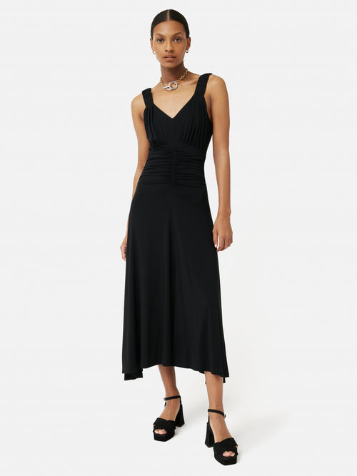 Shirred Strap Jersey Dress | Black