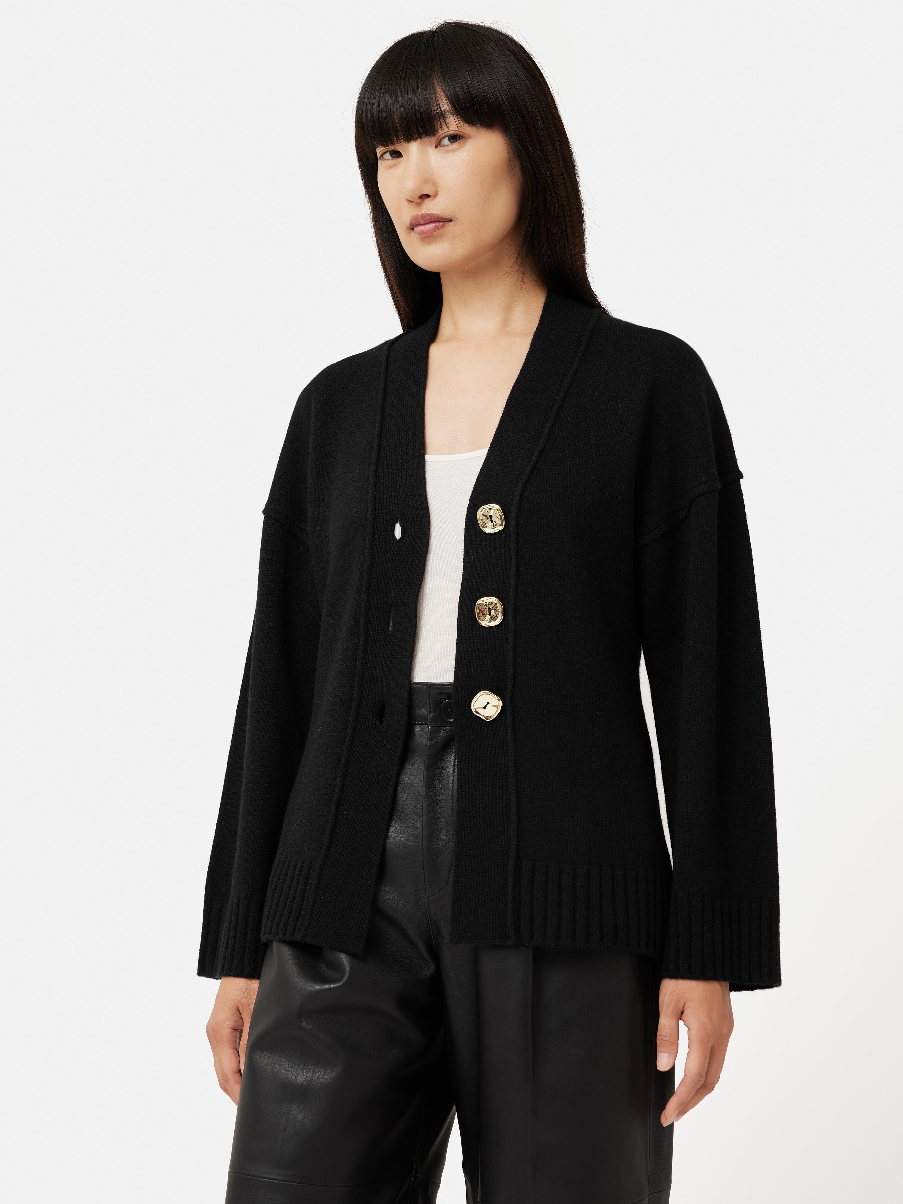 Metallic Button Cardigan | Black – Jigsaw