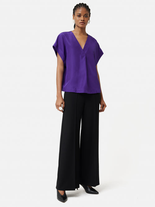 Silk Habotai V Neck Top | Purple