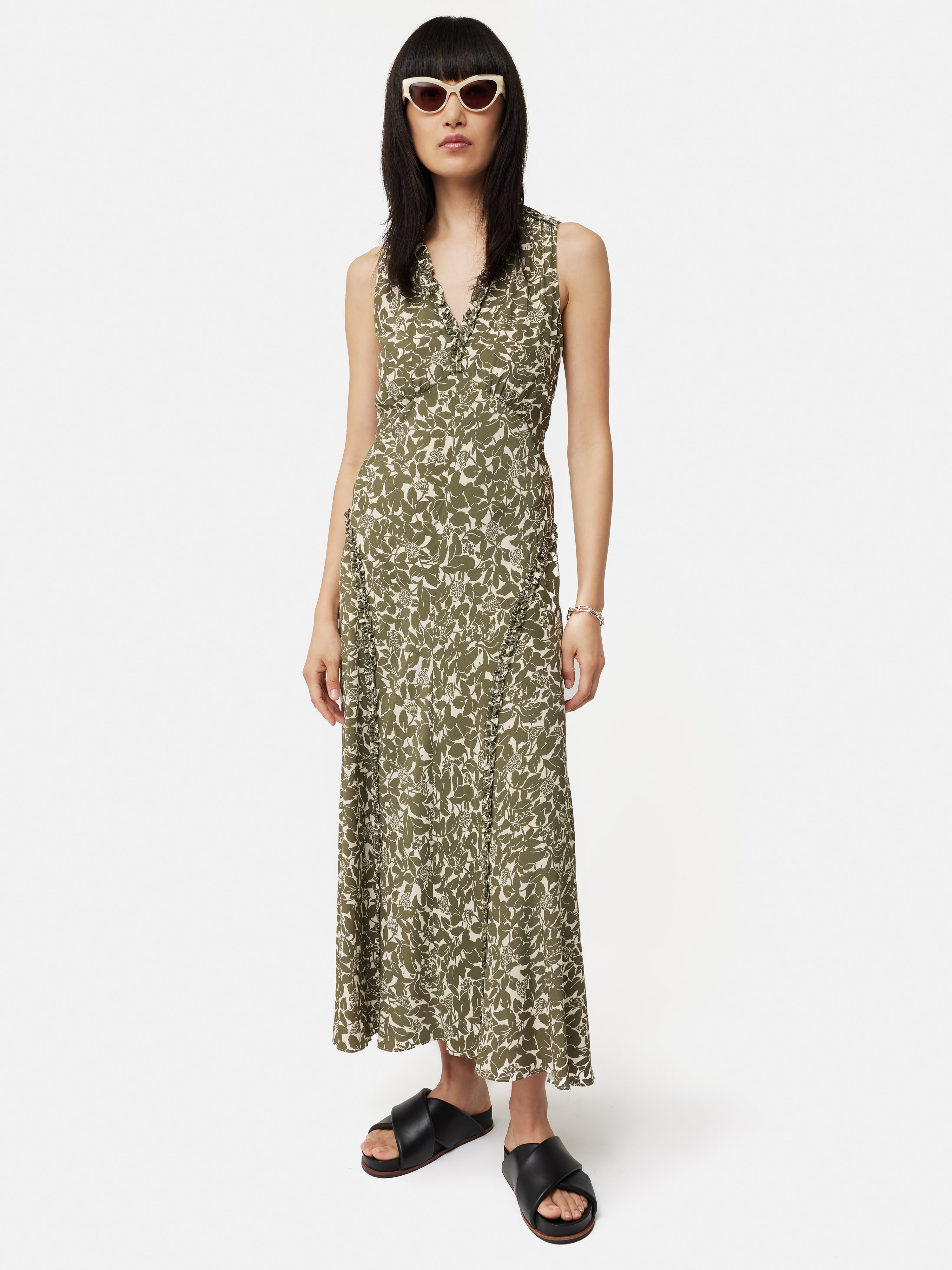 Shadow Leaf Sleeveless Dress | Khaki – Jigsaw