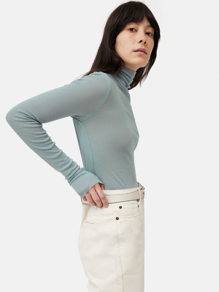 Wool Jersey Polo Neck Top | Blue