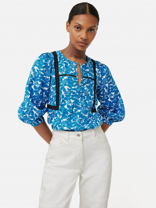 Shadow Leaf Linen Top | Blue