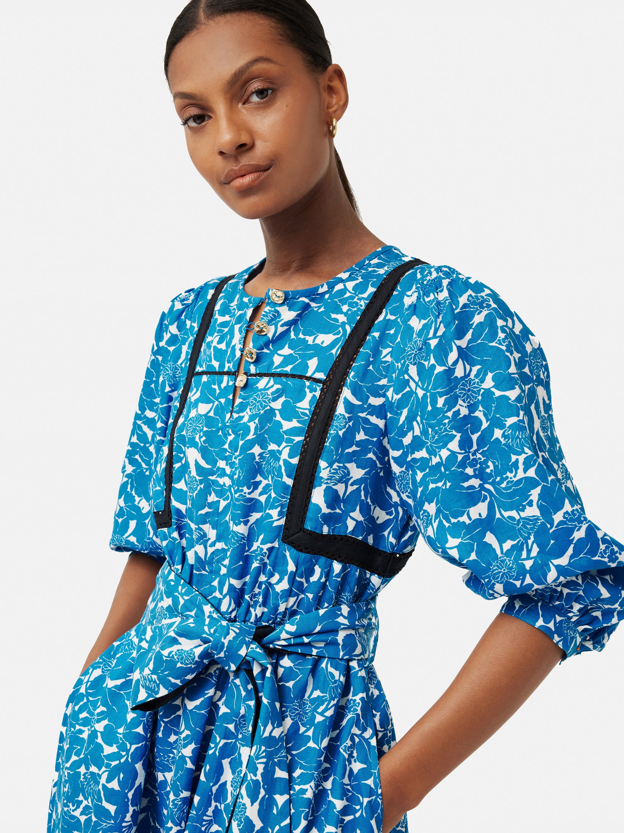 Shadow Leaf Linen Dress | Blue – Jigsaw