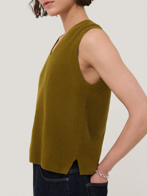 Cotton Blend V Neck Tank | Khaki