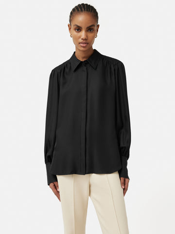 Stitch Detail Silk Twill Shirt | Black – Jigsaw