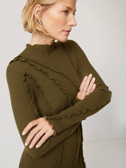 Ruffle Detail Knitted Dress | Khaki