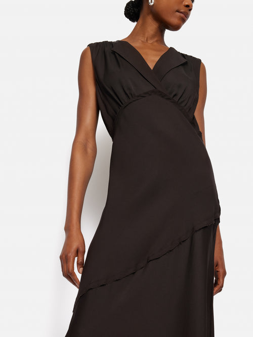 Satin Sleeveless V Neck Dress | Brown