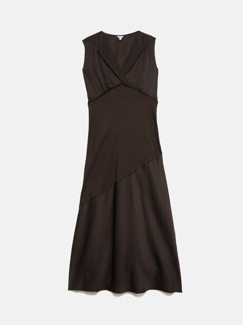 Satin Sleeveless V Neck Dress | Brown