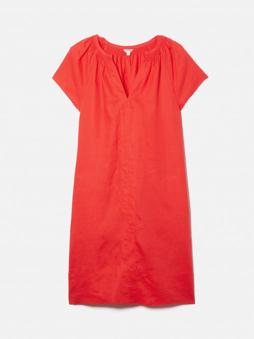 Linen Smocked T-shirt Dress | Coral