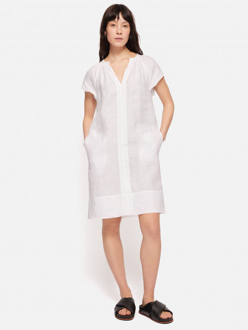 Linen Smocked T-shirt Dress | White