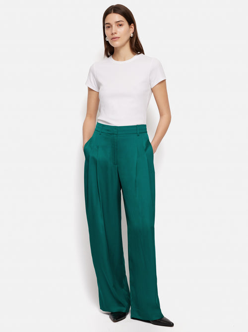 Satin Pleat Trouser | Green