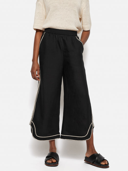 Linen Blend Embroidery Trouser | Black