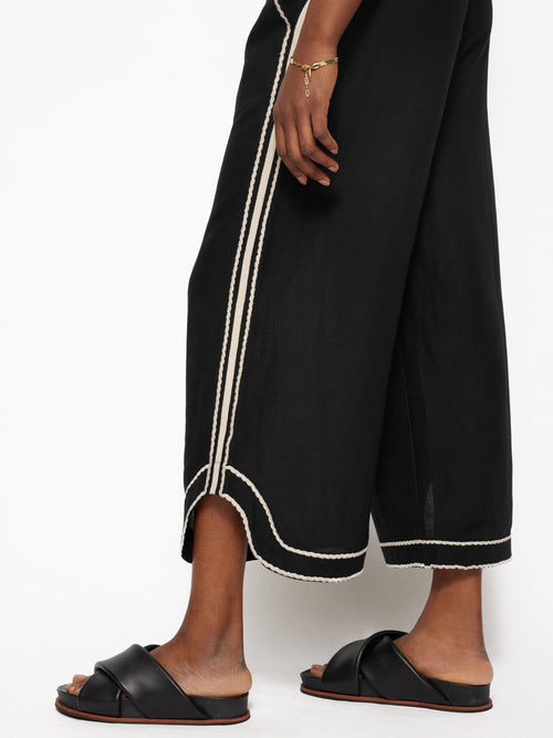 Linen Blend Embroidery Trouser | Black