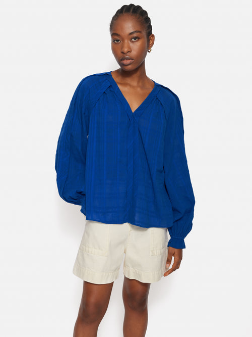 Textured Cotton V Neck Top | Blue