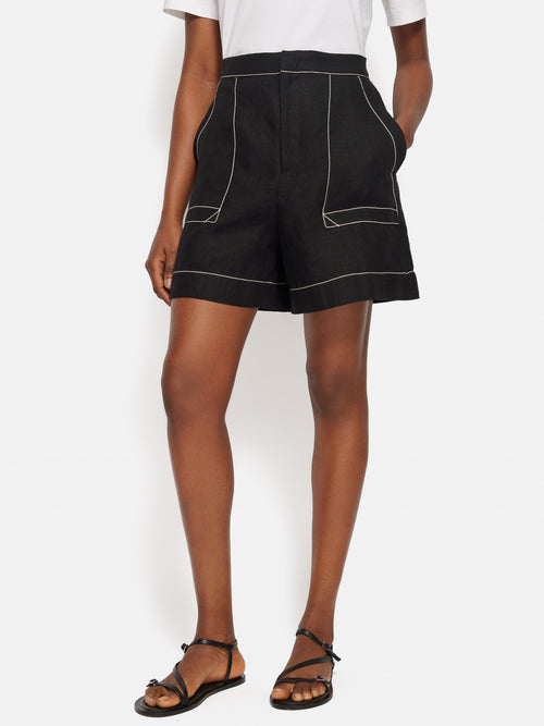 Linen Contrast Stitch Short | Black