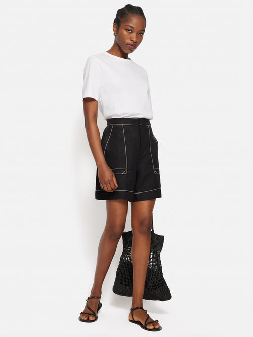 Linen Contrast Stitch Short | Black