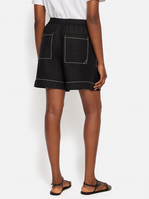 Linen Contrast Stitch Short | Black