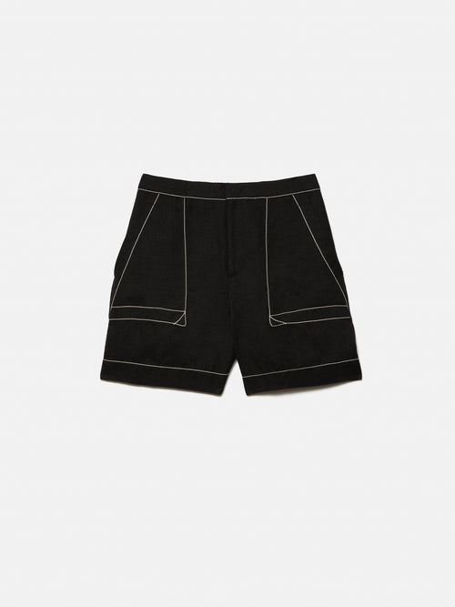 Linen Contrast Stitch Short | Black