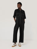 Linen Contrast Stitch Jumpsuit | Black