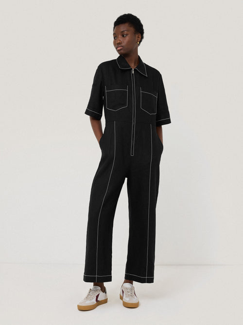 Linen Contrast Stitch Jumpsuit | Black