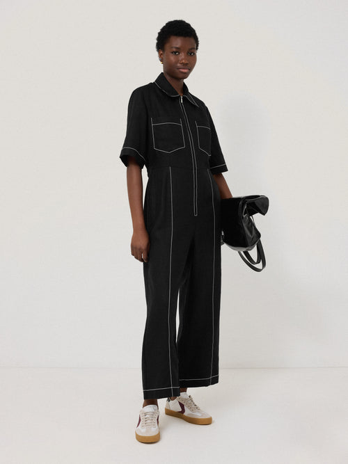 Linen Contrast Stitch Jumpsuit | Black