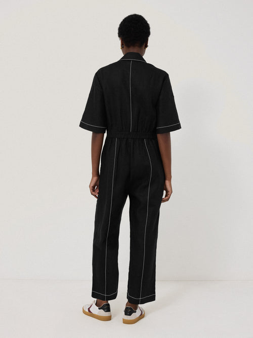 Linen Contrast Stitch Jumpsuit | Black