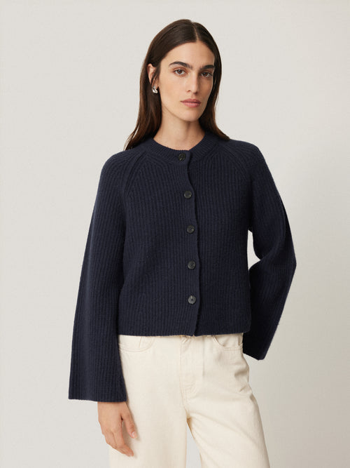 Wool Cashmere Blend Rib Cardigan | Navy