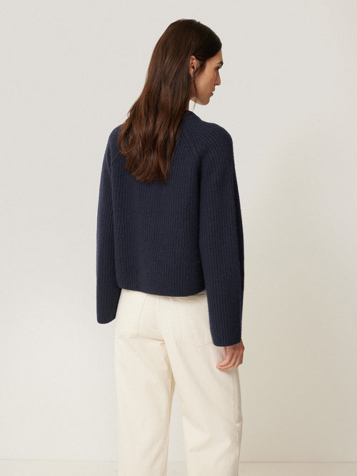 Wool Cashmere Blend Rib Cardigan | Navy